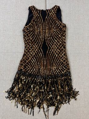 Gold Black Sequin Fringe Flapper Dress 1920s Gatsby Art Deco Drop Waist Mini S